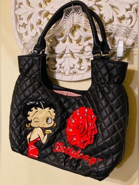 Betty Boop Black Quilted Shoulder Bag with Red Rose